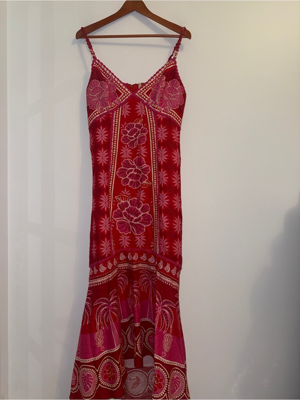 🌺 Farm Rio Summer Sunrise Embroidered Linen Maxi Dress Size Large Red Pink - Picture 6 of 16